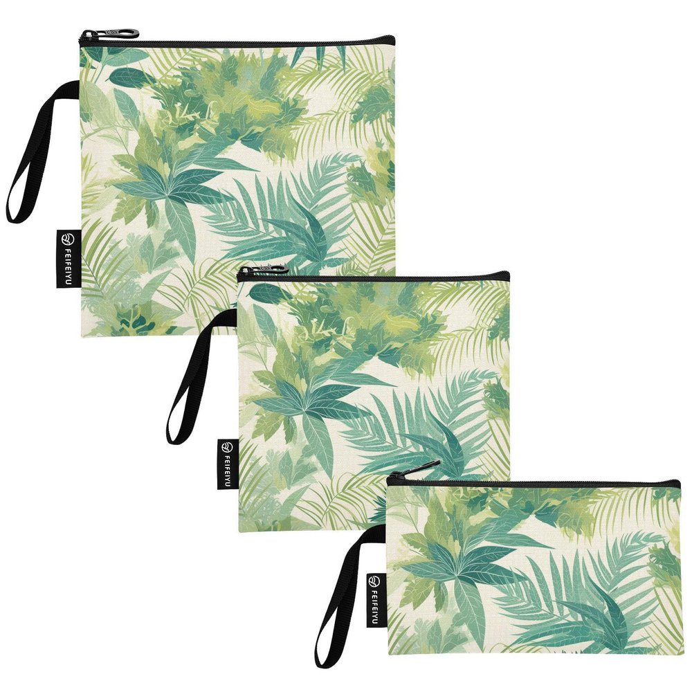 linqin Dreamy Sea Green Fern 3-Pack Reusable Snack Bags Multi-Use Emergency Food Bag for Camp Friends and Gear
