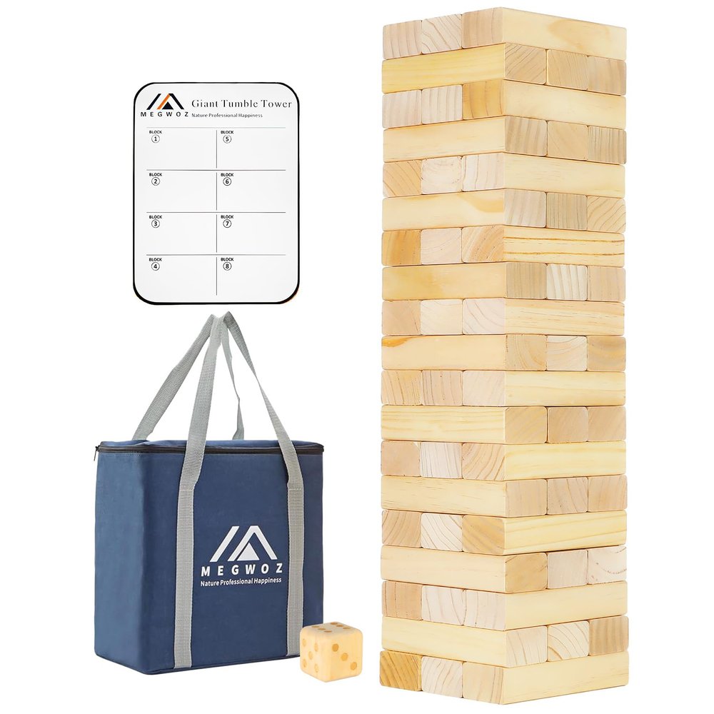 Megwoz Medium Tumble Tower Games for Kids and Adults 57 Blocks New Zealand Pine Wooden Blocks Stacking to 3FT Family Game for Indoors Outdoors Yard Games for Family