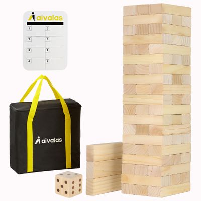 Aivalas Medium Tumble Tower 60PCS Wooden Block Stacking Yard Games with Carrying Bag Indoor & Outdoor Game for Kids and Adults Party Games for Backyard Lawn Beach Camping (Over 3.2 Ft)