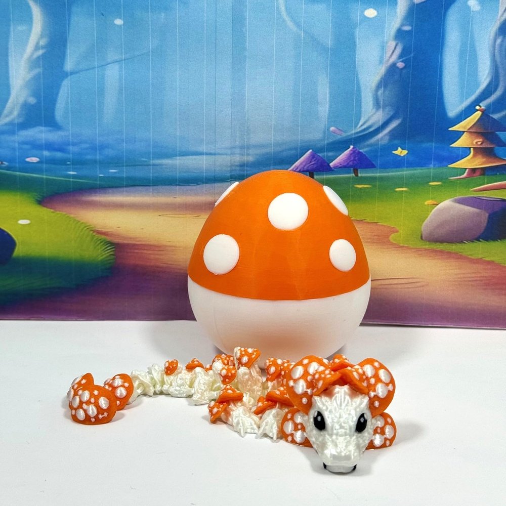 3D Printed Baby Dragon and Egg, Articulated 6" White and Orange Baby Mushroom Dragon, Fidget ADHD Autism Toy BD012-WOME
