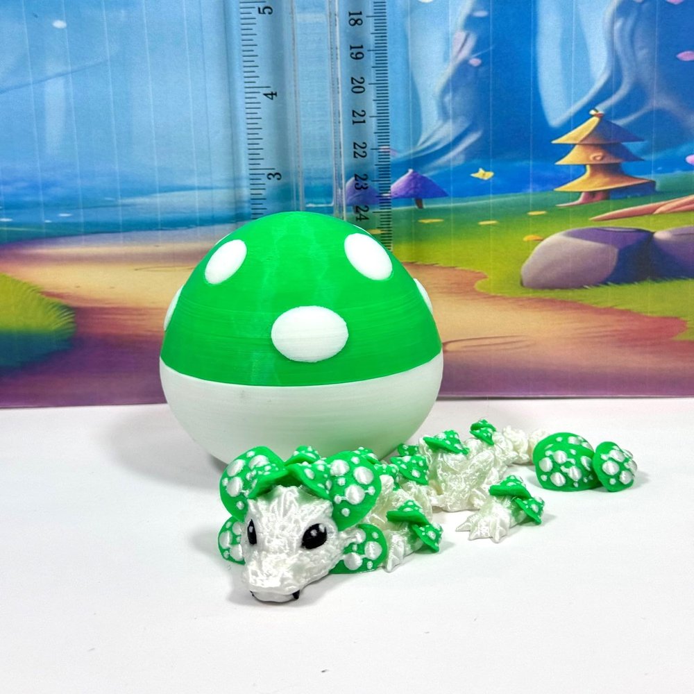 3D Printed Dragon and Dragon Egg, Articulated White and Green Mushroom Baby Dragon, Fidget ADHD Autism Toy BD012-WGME