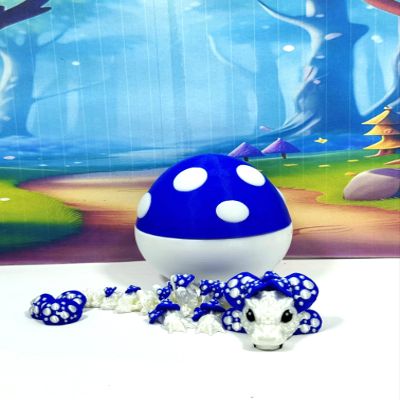 3D Printed Dragon and Egg, 6 Inches Articulated White and Blue Mushroom Baby Dragon, Fidget ADHD Autism Toy BD012-BWME