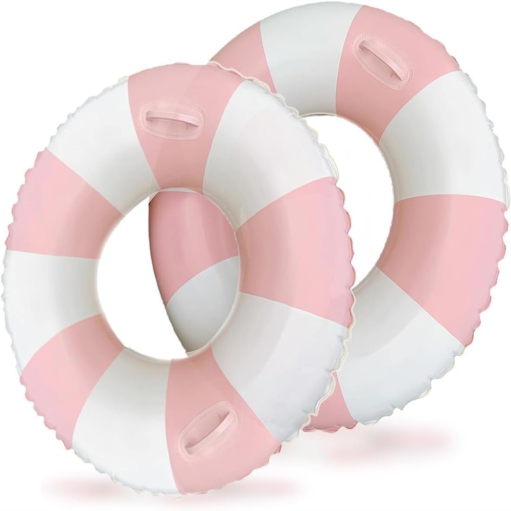 30 inch Pink Inflatable Pool Floats for Adults- 2 Pack Striped Floaties Pool Tubes Swim Rings with Handles Inflatable Pool Float for Swimming Pool Party Lake Beach Adults (Pink, 90)