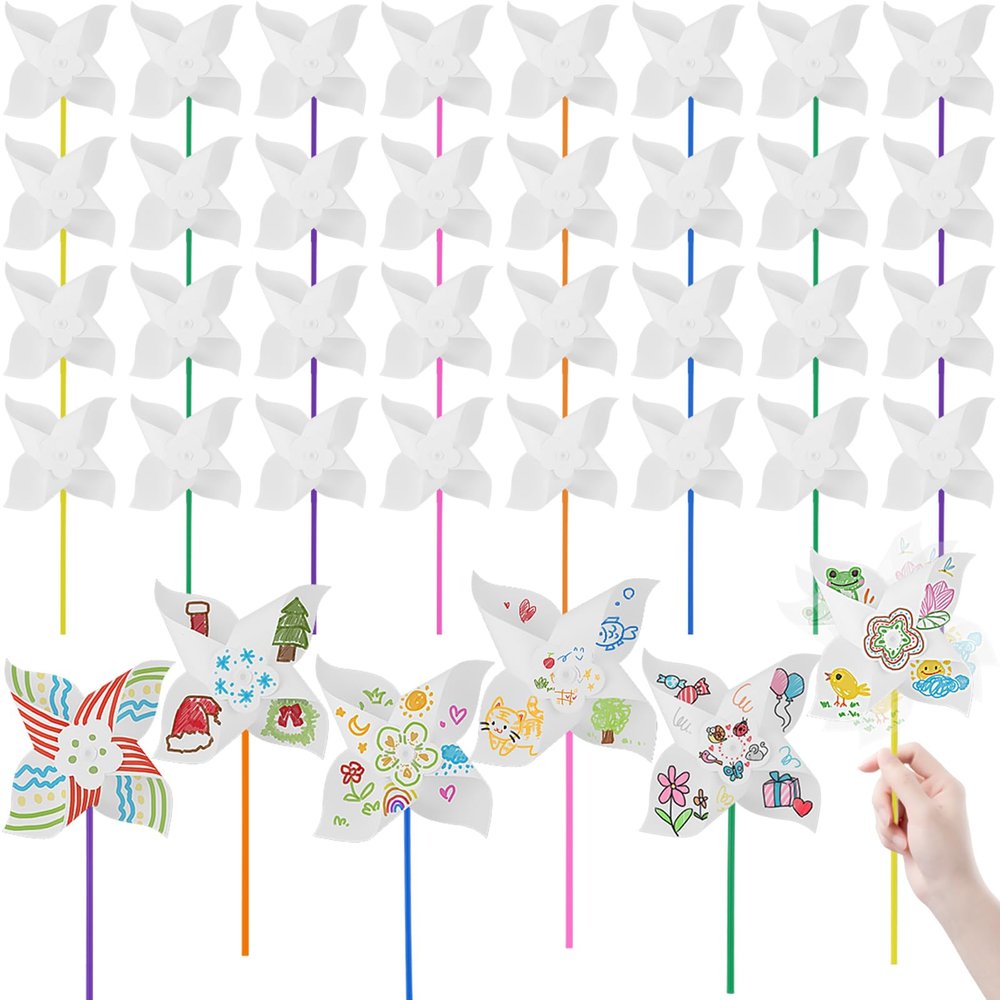 36 Pcs DIY Pinwheels for Kids White Paper Pinwheels Craft Kits for Boys Girls Summer Activities Arts Handicraft Party Favor