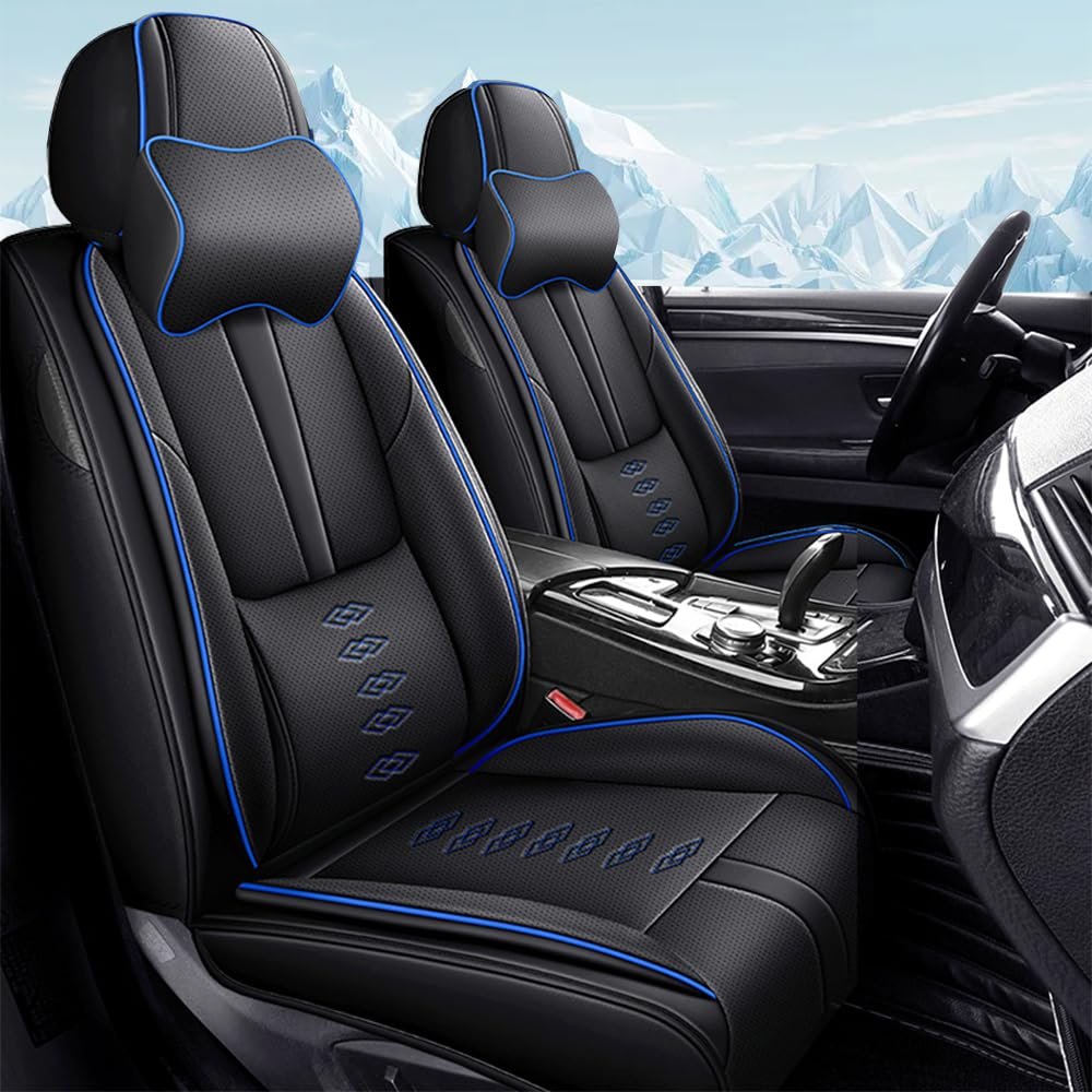 NCCLOVELY Car Seat Covers for Volkswagen Atlas 2018-2024 2025,Waterproof Leather Seat Covers 2-Seats Luxury,Interior Accessories with Airbag,Automobile Seat Cover Sets for Atlas(Black+Blue)