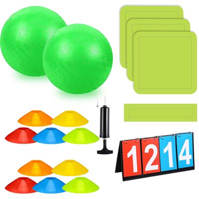 Huaerle 18 Pcs Sports Kickball Set Includes 2 Playground Ball with Air Pump 5 Rubber Throw Down Bases 10 Foul Line Cones and a Flip Scoreboard for Boys Girls Adults Playground School Backyard (Green)