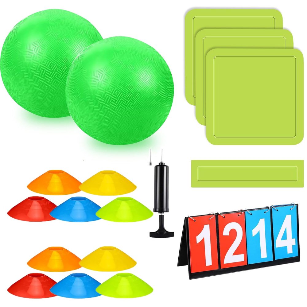 Huaerle 18 Pcs Sports Kickball Set Includes 2 Playground Ball with Air Pump 5 Rubber Throw Down Bases 10 Foul Line Cones and a Flip Scoreboard for Boys Girls Adults Playground School Backyard (Green)