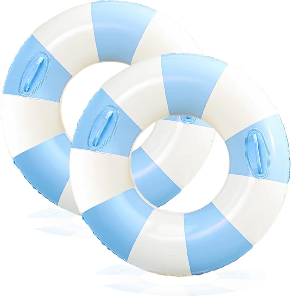 30 inch Striped Inflatable Pool Floats for Adults- 2 Pack Striped Floaties Pool Tubes Swim Rings with Handles Inflatable Pool Float for Swimming Pool Party Lake Beach Adults (Blue, 90)