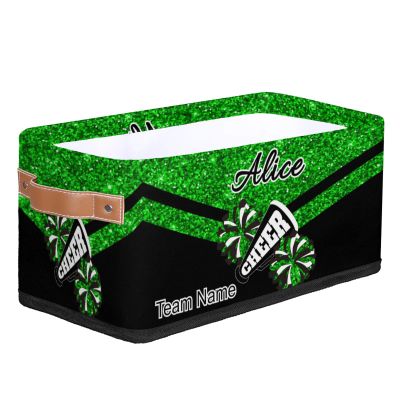 Ioracida Custom Cheer Storage Basket Bin with Name for Girls Room, Fabric Foldable Personalized Cheerleading Storage Box Organizer with Handles, Green Glitter
