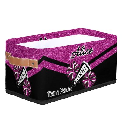 Ioracida Custom Cheer Storage Basket Bin with Name for Girls Room, Fabric Foldable Personalized Cheerleading Storage Box Organizer with Handles, Magenta Glitter
