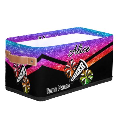 Ioracida Custom Cheer Storage Basket Bin with Name for Girls Room, Fabric Foldable Personalized Cheerleading Storage Box Organizer with Handles, Glitter Rainbow