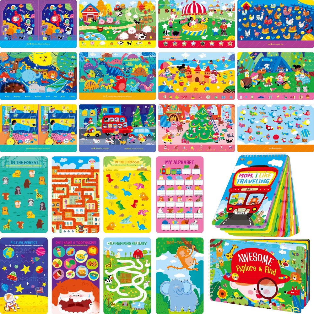 2 Travel Game Pads, 61 Dry Erase Activities Games Reusable & Erasable Book, Fun Explore & Find Brain Challenge Games Interesting Educational Toy and Learning Tool for Road Trip Airplane Travel