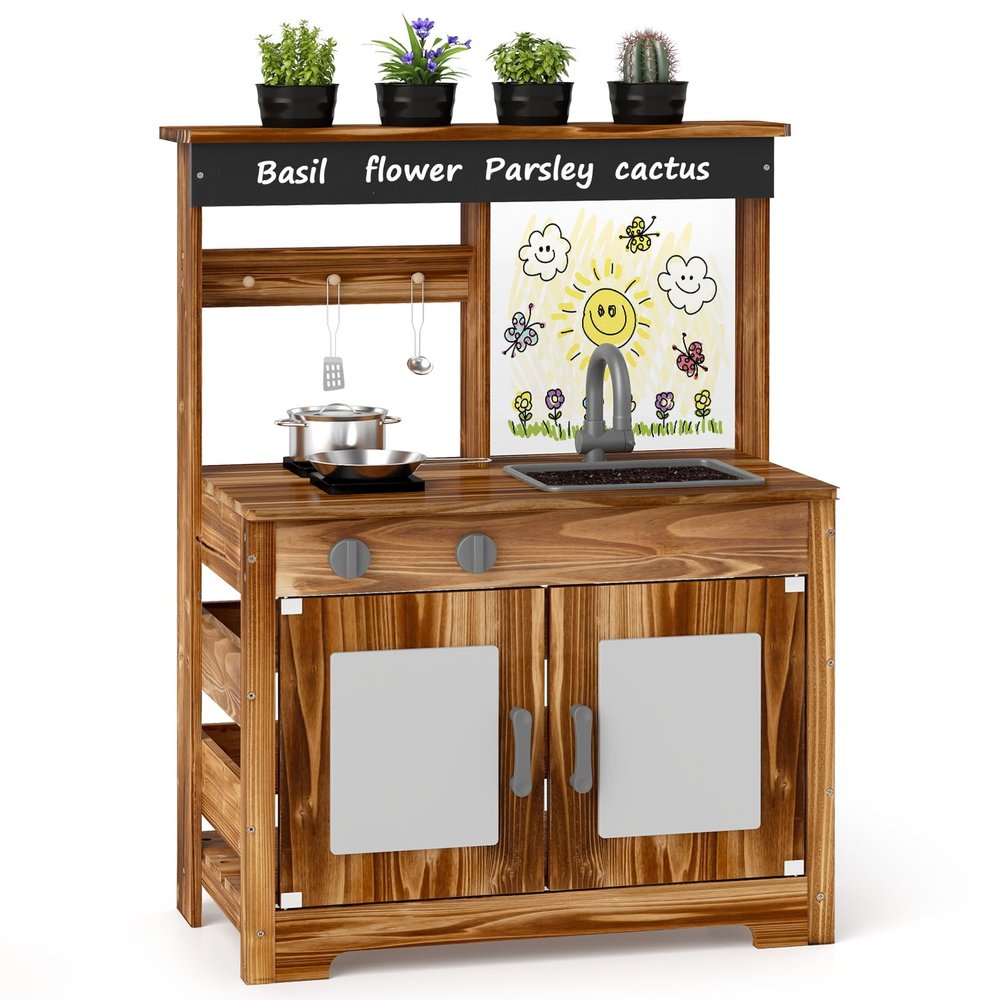 HONEY JOY Mud Kitchen, Cedar Wood Outdoor Play Kitchen for Toddlers, Acrylic Board, Removable Sink, 4 Planting Cups, Kitchen Accessories, Garden Time Mud Kitchen for Kids Outdoor Backyard