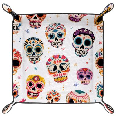 Dice Trays Vintage Skulls Holder Storage Box for Dice Games Like RPG DND, Microfiber Leather Dice Holder Portable Folding Rolling Dice Tray, 20.5x20.5cm