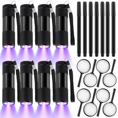 Tegeme 24 Invisible Ink Marker Set 8 Invisible Ink Pen 8 Mini UV Flashlight 8 Magnifying Glasses Blacklight Markers for Halloween Christmas Detective Kit Escape Room Prizes Gift Party Favors