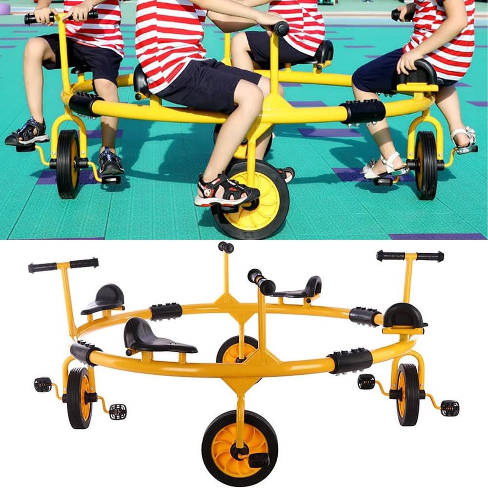 Yellow,JIYIAN Rotating Bike for Riders Ages 3+ Preschool Pedal Tricycle Car Four Seats 360 Spin |for Backyard,Kindergarten Playground Daycare and Classroom Outdoor Play Equipment