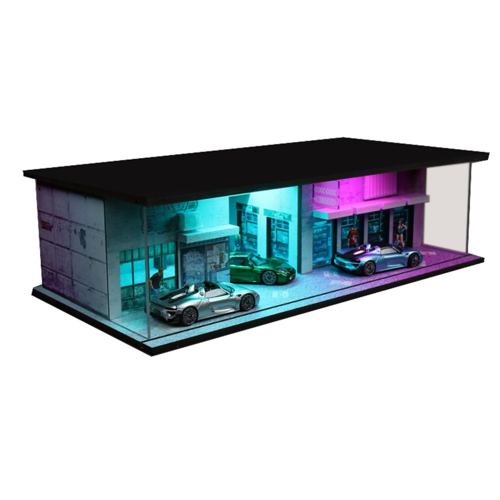1/64 Neon Style LED Diorama Display Case - Compatible with Hot Wheels Matchbox Mini GT Diecast Cars, for Model Car & Figures Display and Storage (Vehicles Not Included)