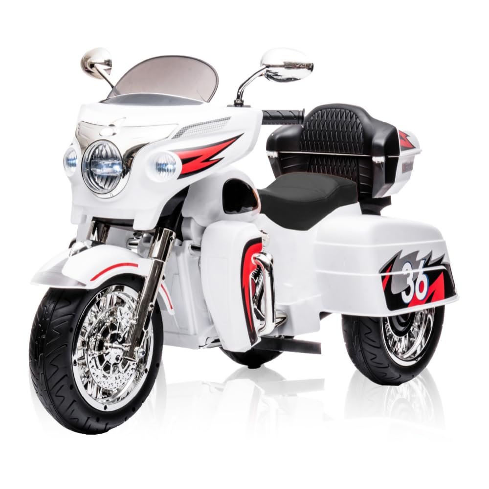 12V Electric Motorcycle for Kids Ages 3-8, 2 Seats Ride-On Motorbike with 3 Wheels, Bluetooth, USB, LED Light & Storage Box | Safe & Durable Kids Toy Vehicle, White