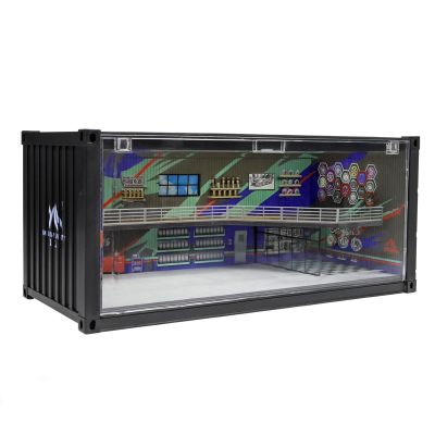 1/64 LED Garage Diorama Display Case, Double-Level Workshop Scene Display Box with Front Flip Door, Stackable Container-Style Model Car Display, Linkable Power System for Diecast Cars & Mini Figures