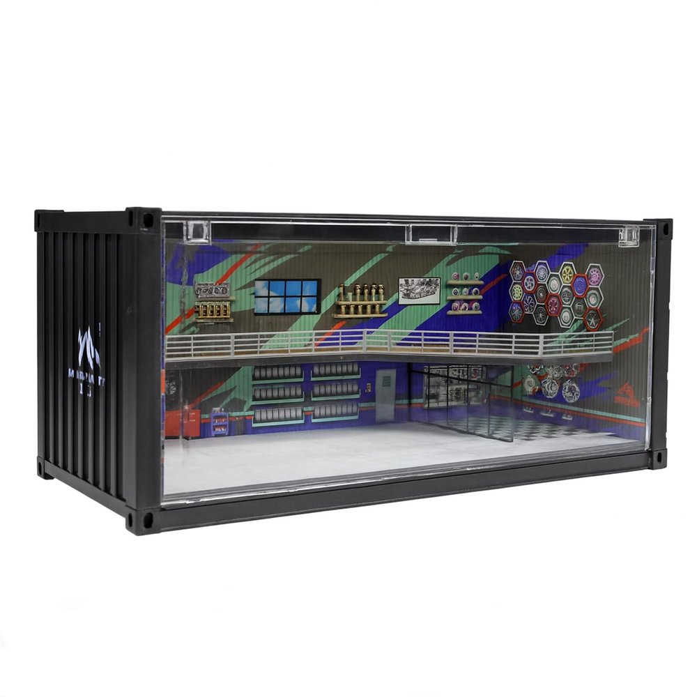 1/64 LED Garage Diorama Display Case, Double-Level Workshop Scene Display Box with Front Flip Door, Stackable Container-Style Model Car Display, Linkable Power System for Diecast Cars & Mini Figures