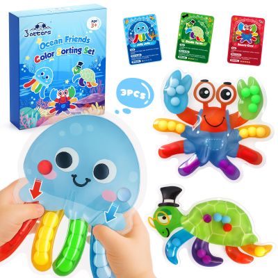 3 otters Color Sorting Sensory Toys, Sea Animals Fine Motor Matching Games Fidget Toys with 3 Game Cards for Toddlers Birthday Christmas Party Gift