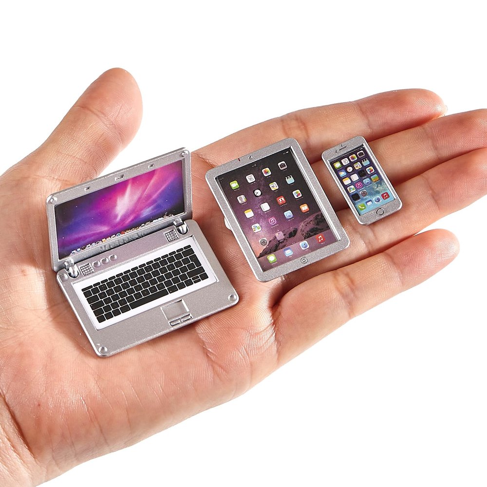1:12 1:6 Scale Dollhouse Decor Accessories Laptop, Miniature Laptop Tablet Smart Phone Stuff Doll House Mini Play Set Accessories (Silver)
