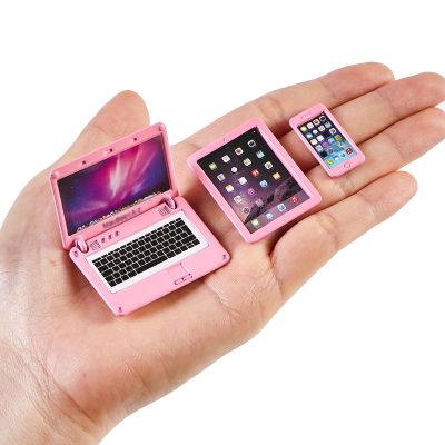 1/12 Dollhouse Furniture Decor Laptop Accessories, 1/6 Scale Minature Tablet Smart Phone Mini Stuff Doll House Furniture Play Set Accessories 3 Pcs (Pink)