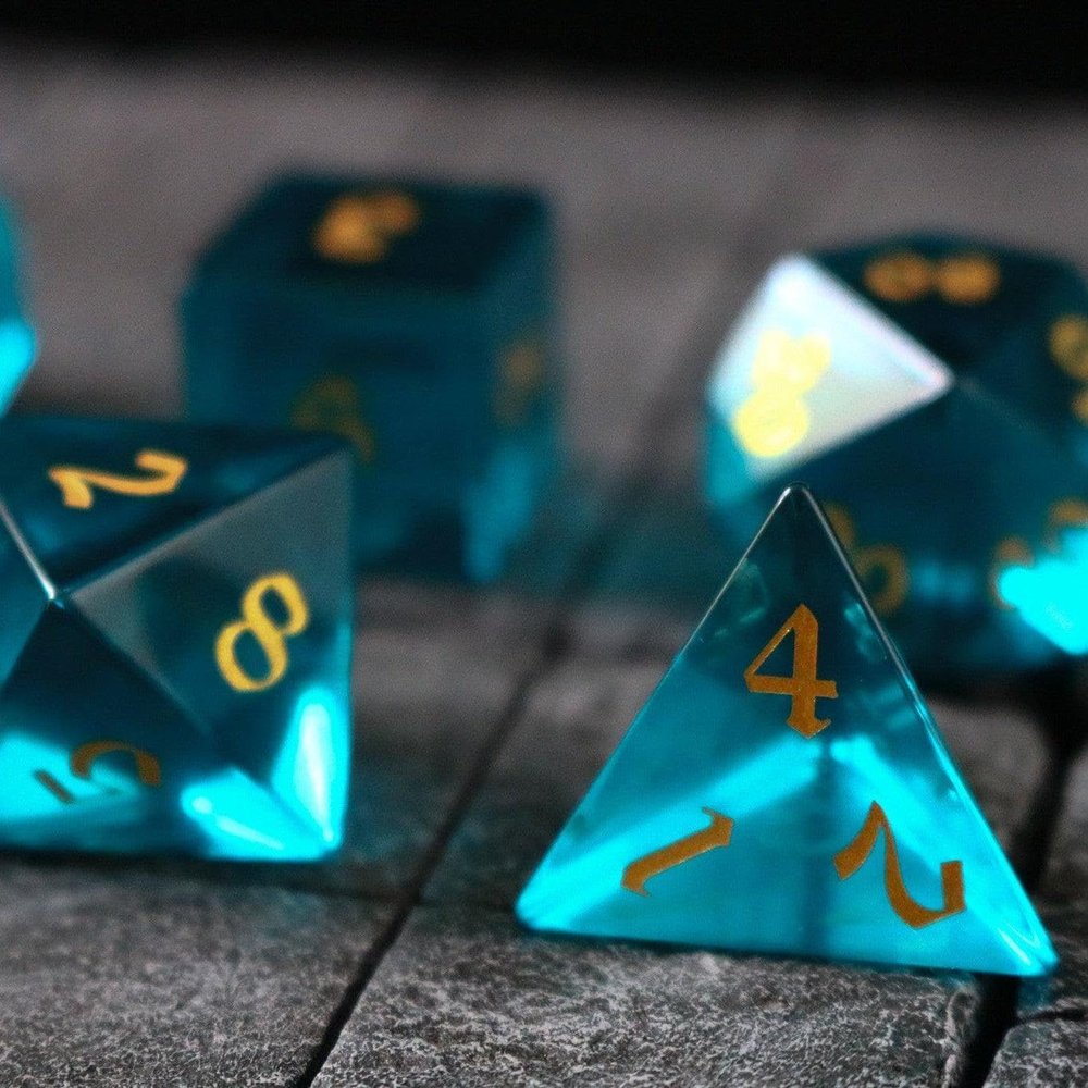 Runic Dice Green Zircon Glass Polyhedral Dice Set 7 Piece Hand Carved RPG Set for Dungeons & Dragons and Tabletop Games