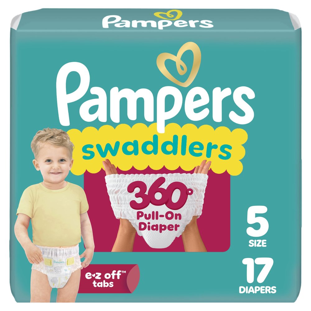 Pampers Diapers - Swaddlers 360 - Size 5, 17 Count, up to 100% Leakproof Comfy Dry Fit, Designed for Easy Changes, Pull On Baby Diaper