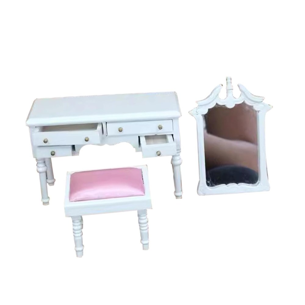 Abaodam 1set Scale Miniature Vanity Table Set with Stool Dollhouse Furniture for Bedroom and Living Room Decoration Lifelike Design and Detailed Craftsmanship
