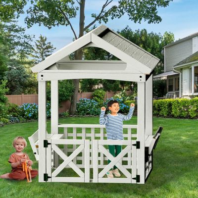 ZeHuoGe Outdoor Wooden Playhouse with Bench and Door, Outdoor Play Hut with Bench