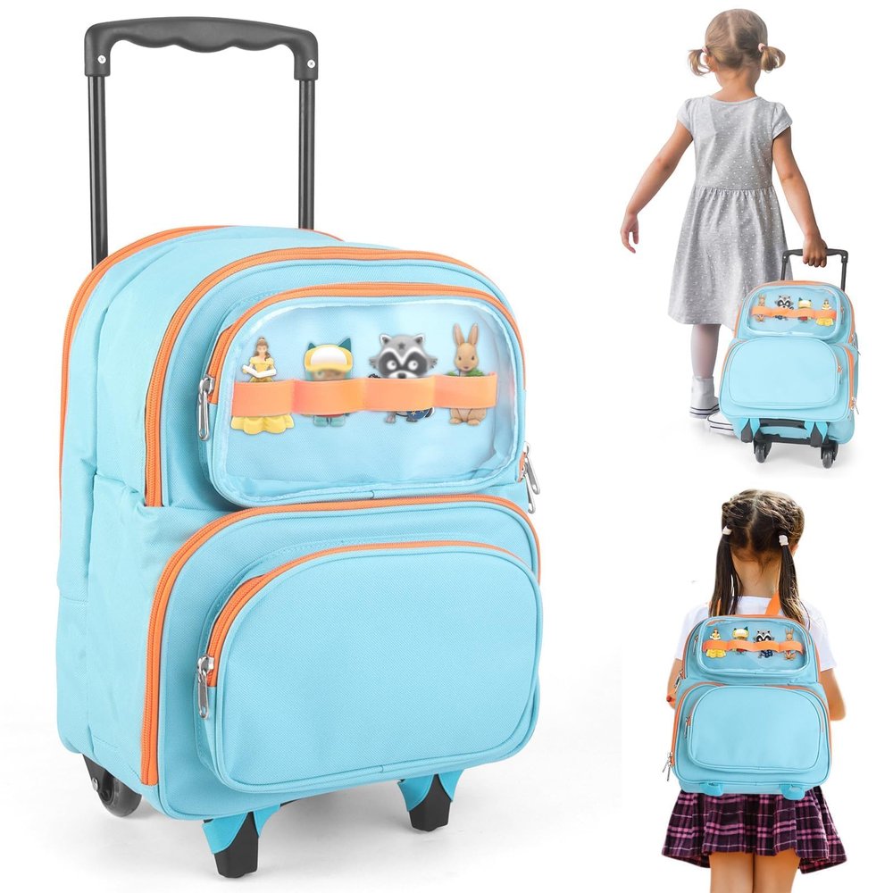 RZYLKA 2-in-1 Rolling Backpack for Toniebox 1 & 2, Blue Travel Carrying Case for Boys with Wheels Organizer Storage Bag, Holds for Toniebox, 30+ Tonies Characters, Headphones & Charger