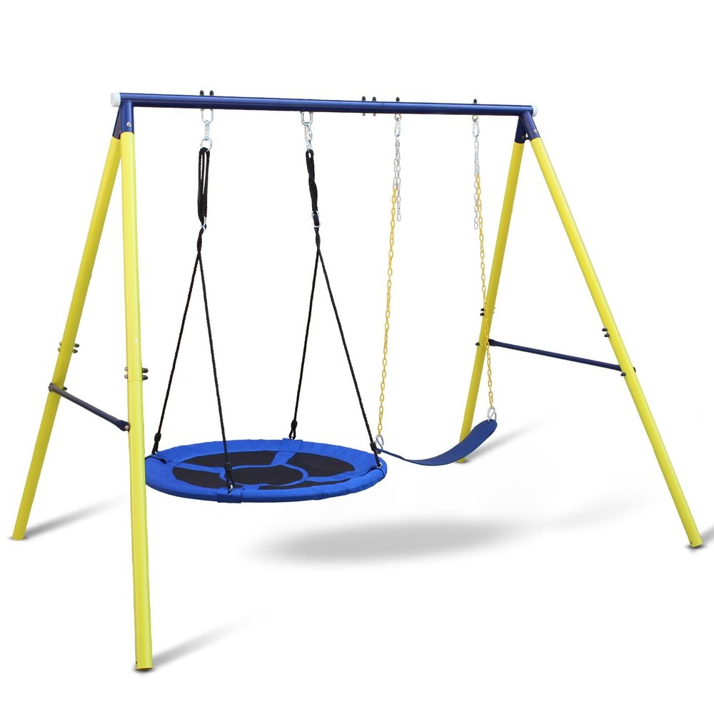 440lbs 2 Seat Swing Sets for Backyard, 1 Saucer and 1 Belt Swing with Heavy Duty Outdoor A-Frame Metal Stand for Playground, Playset