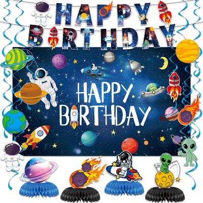 3.6*5.9FT/110*180CM Space Birthday Party Decorations Happy Birthday Banner with Space Themed Honeycomb Centerpiece for Honeycomb Centerpiece,Hanging Swirl