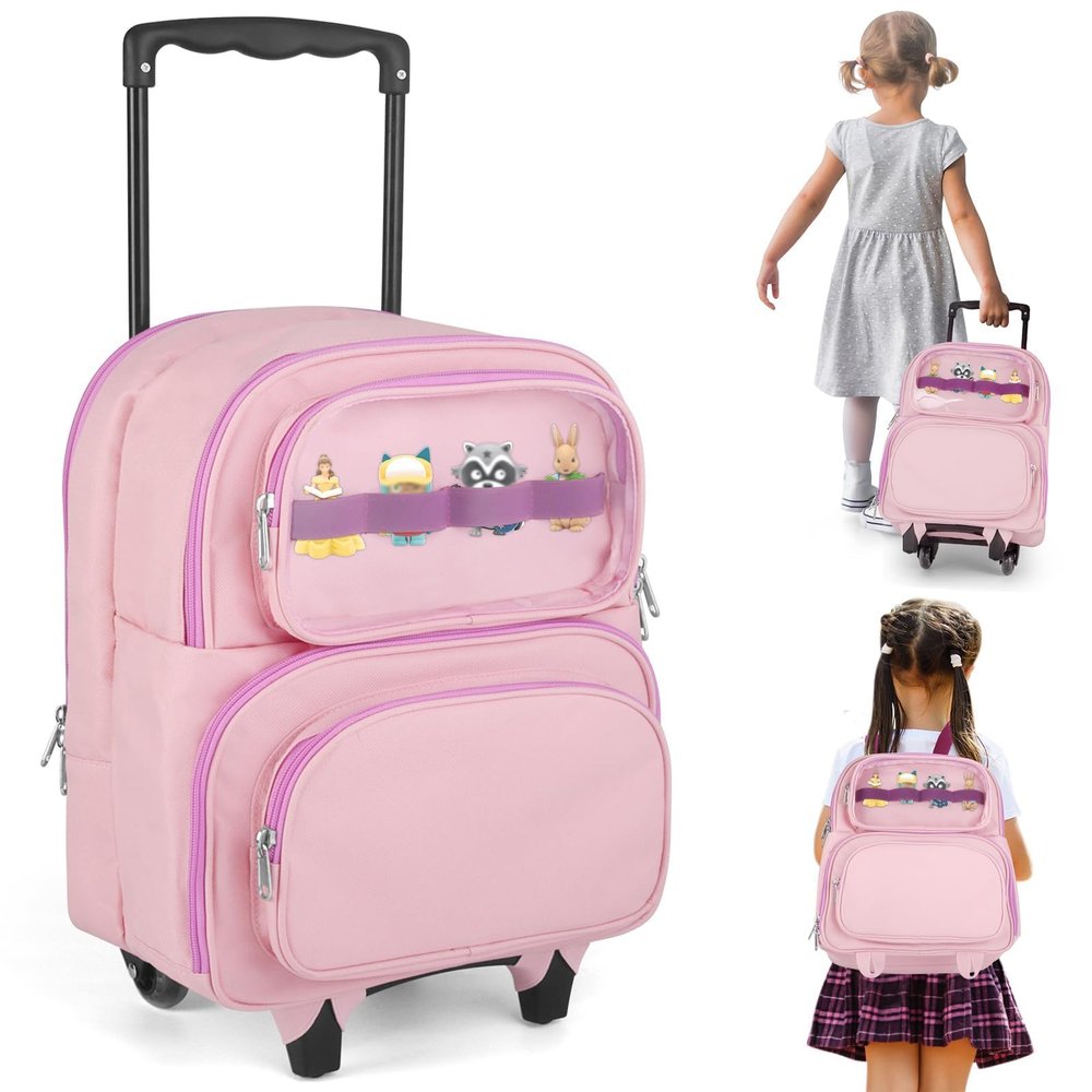 RZYLKA 2-in-1 Rolling Backpack for Toniebox 1&2, Pink Travel Carrying Case for Girls with Wheels Organizer Storage Bag, Holds for Toniebox, 30+ Tonies Characters, Headphones & Charger
