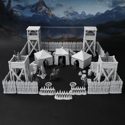 AUSPDICE AF676 Medieval Military Camp RPG Terrain Set for DND Map Building, Compatible with TTRPG Games, Modular Game Pieces with Barricades, Tents, Watchtowers, and Props