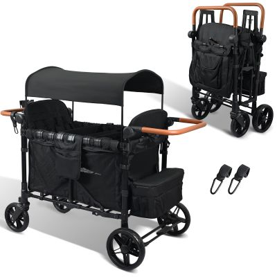 Exquimac Foldable Stroller Wagon for 4 Kids & Cargo, All-Terrain Wheels, Adjustable Handle, Removable Canopy, 5-Point Harness, Compact Foldable Design