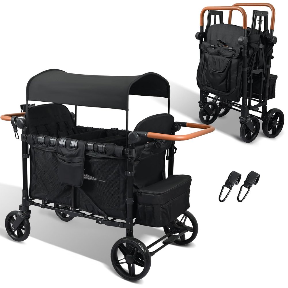 Exquimac Foldable Stroller Wagon for 4 Kids & Cargo, All-Terrain Wheels, Adjustable Handle, Removable Canopy, 5-Point Harness, Compact Foldable Design