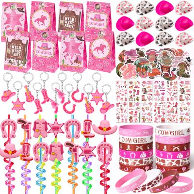 Winrayk 124Pcs Cowgirl Party Favors Hot Pink Birthday Supplies for Girls, Gift Bags Straws Silicone Wristband Mini Hat Keychain Tattoo Sticker, Hot Pink Rodeo Horse Disco Cowgirl Party Favors Supplies