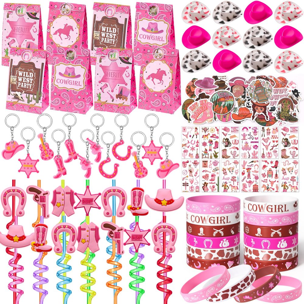 Winrayk 124Pcs Cowgirl Party Favors Hot Pink Birthday Supplies for Girls, Gift Bags Straws Silicone Wristband Mini Hat Keychain Tattoo Sticker, Hot Pink Rodeo Horse Disco Cowgirl Party Favors Supplies