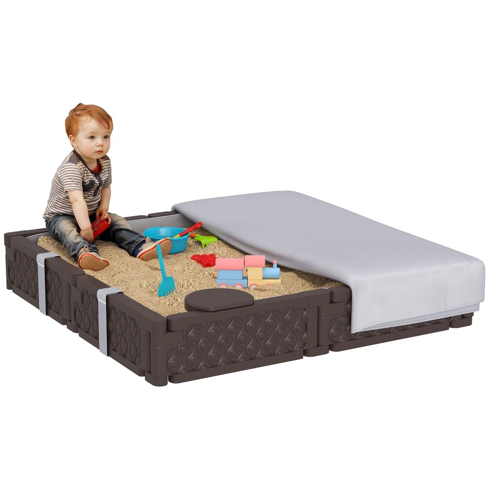 Qaba Kids Sandbox with Cover, Square 47" HDPE Large Sand Pit with 4 Seats, Waterproof Bottom Liner, Weather Resistant Outdoor Sand Box for Backyard, Lawn, Garden, Beach, Patio, Brown