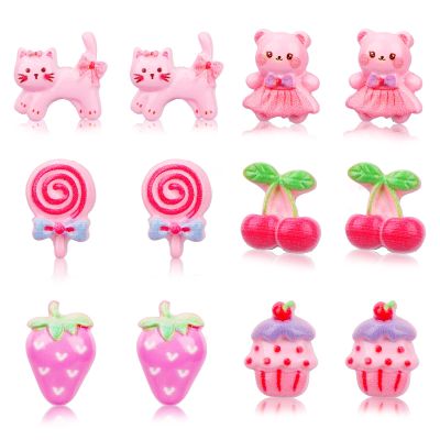 6 Pairs Cute Clip on Drop Earrings, Resin No Pierced Design Kids Earrings Bear Cake Cat Strawberry Dress Up Eardrop Stud Jewelry for Party Gift