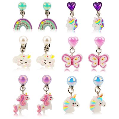 Mikovivi 6 Pairs Colorful Clip on Drop Earrings Set, Resin No Pierced Design Kids Child Dangle Earrings Cute Butterfly Ear Clips for Children Toddler Party Daily Wearing Princess Jewelry