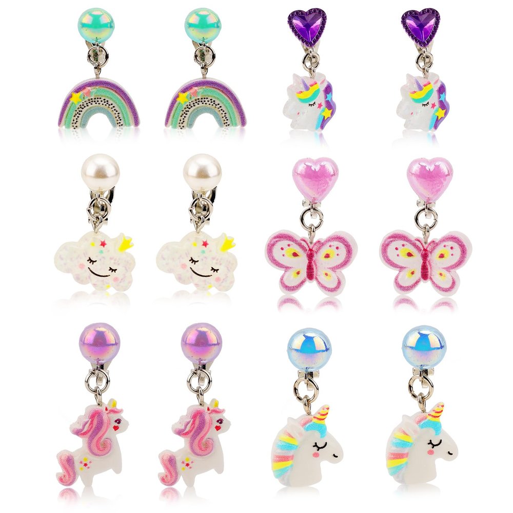 Mikovivi 6 Pairs Colorful Clip on Drop Earrings Set, Resin No Pierced Design Kids Child Dangle Earrings Cute Butterfly Ear Clips for Children Toddler Party Daily Wearing Princess Jewelry