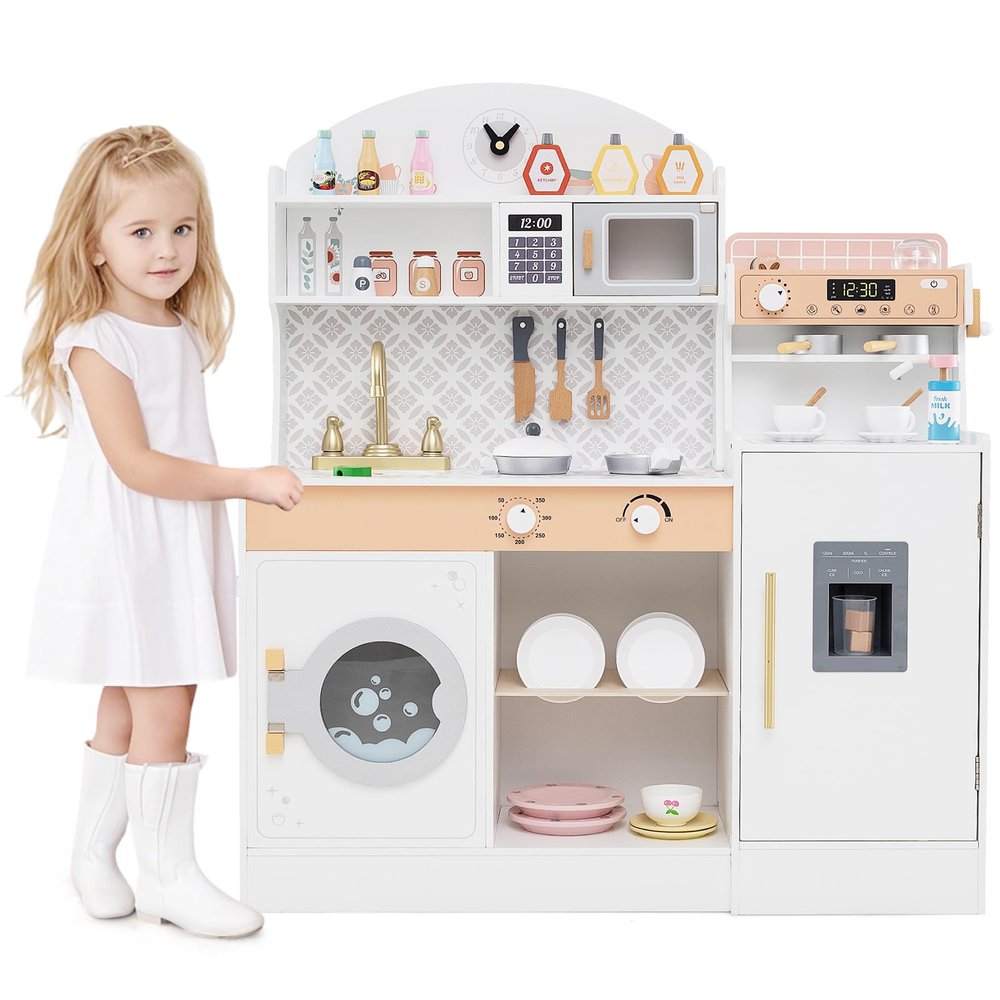 GLACER Play Kitchen, Wood Toy Kitchen w/Sound, Washing Machine, Coffee Maker, Ice Maker, Microwave, Storage Shelf & Cabinet, Cookware, Pretend Kids Kitchen Playset, Gift for Boys Girls Aged 3+ (White)