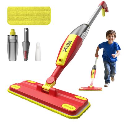 Xlife Kids Spray Mop Set - Montessori Toy for Ages 4-8 Real Water Sprayer & Sweeper Combo, Pretend Play Housekeeping Kit, Washable Pads (Red)