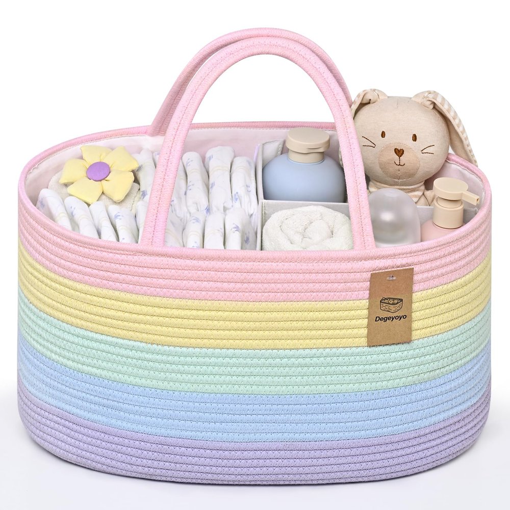 19L Baby Diaper Caddy Organizer, 16.8"x9.8"x9" Cotton Rope Diaper Basket, Changing Table Storage Caddy With Removable Divider, Baby Basket for Nursery, Car, Diapers, Baby Shower Gifts for Newborn