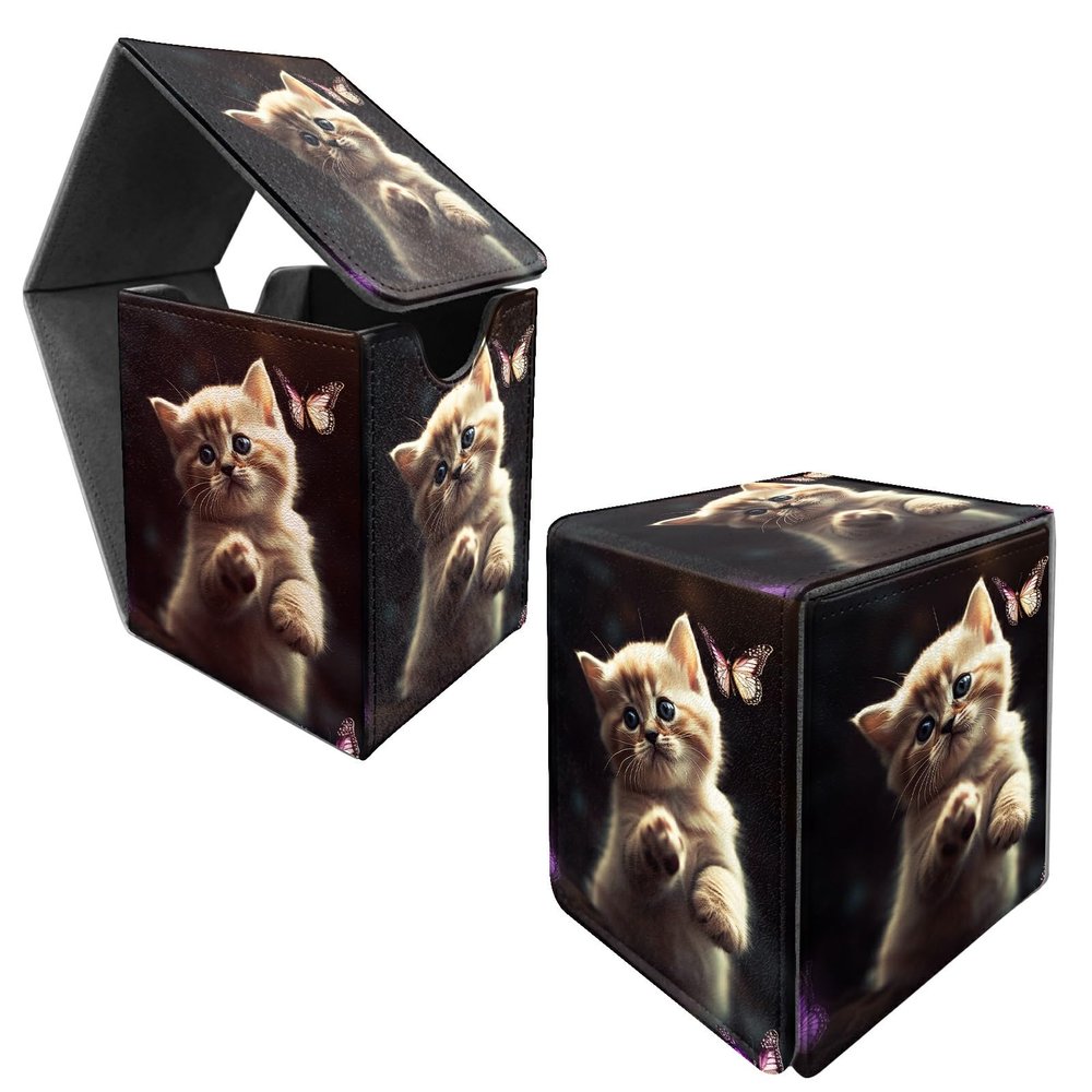 BFDHGQZC Cat With Butterfly Card Commander Deck Box for Trading Cards Storage Box with Strong Magnet Magic Premium Gathering Deck Box Cover for TCG CCG Magic Card