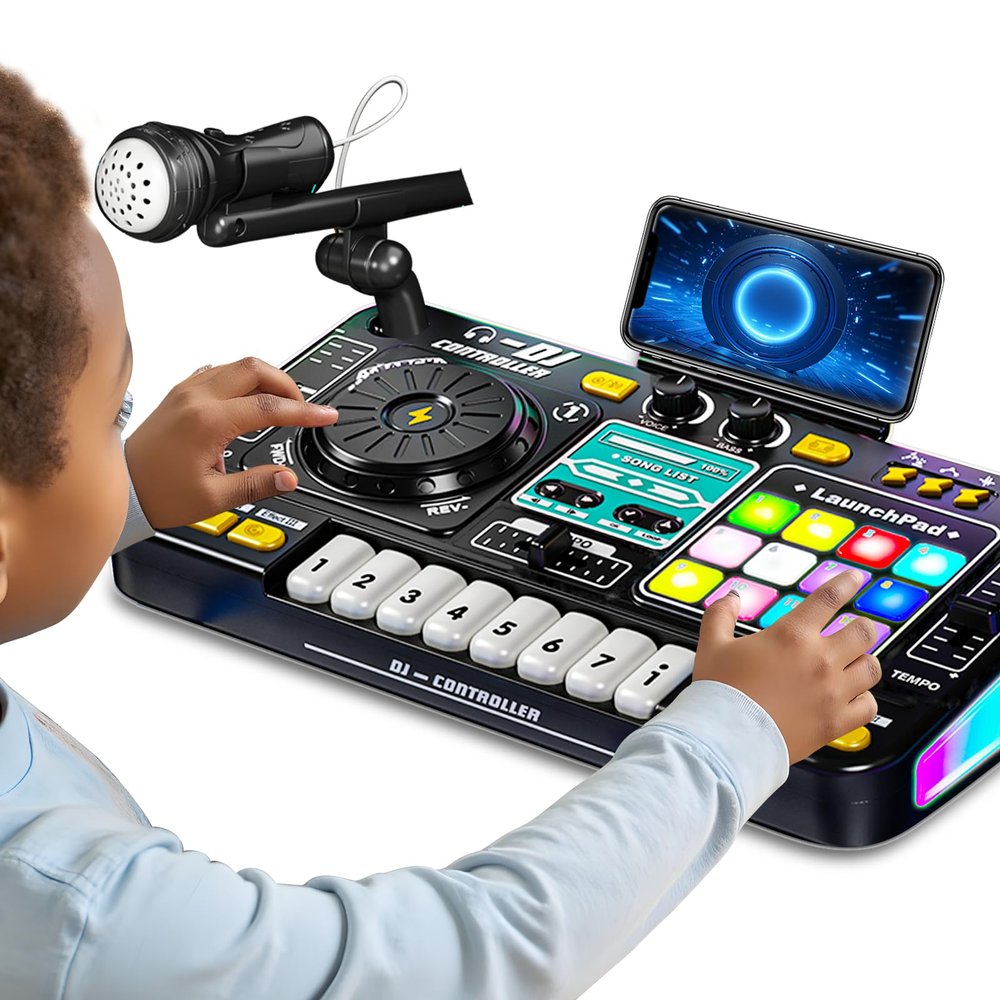 Kids DJ Mixer Controller Table Musical Toy Electronic Toy with LED Lights Sound Effect Microphone Piano DJ Board Key Musical Instruments Birthday Gift Toys for 3 4 5 6 7 Year Old Boy Girl