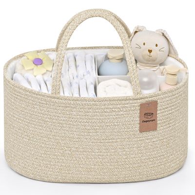 19L Baby Diaper Caddy Organizer, 16.8"x9.8"x9" Cotton Rope Diaper Basket, Changing Table Storage Caddy With Removable Divider, Baby Basket for Nursery, Car, Diapers, Baby Shower Gifts for Newborn